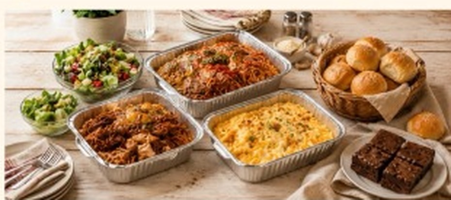 Take and Bake dinner spread with salad, barbecue, macaroni and cheese, and rolls