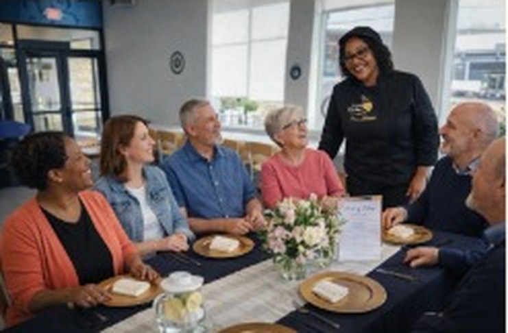 Luv's Kitchen team serving guests around a table