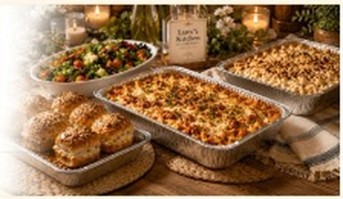 Catering trays arranged for a gathering