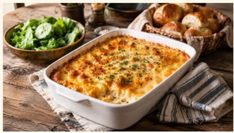 A bubbling baked casserole with salad and rolls